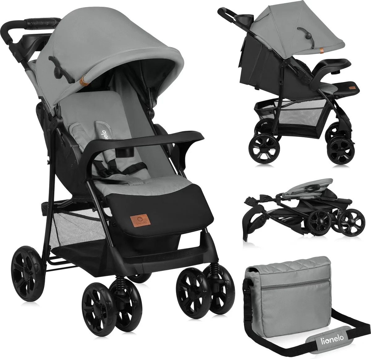 Emma Plus - Buggy - Lichte en Duurzame Kinderwagen - 5-Punts Gordel - Rugleuningverstelling tot Ligpositie - Verlengd Luifel met Venster - Grote Mand - Praktische Tas en Organizer - Schokdempers - Geschikt voor Kinderen tot 15 kg by Lionelo in Grey – product photo