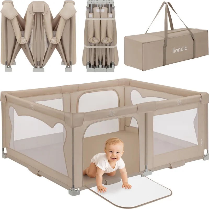 Florence Easy Fold - Grondbox / Baby Box – Zeer Snel Inklapbaar – 150x180 cm – voor Thuis en Tuin – 0-48 maanden – Veilige kinderbox – Draagtas – Compact na Inklappen – Speelbox met Ademend Gaas – 2 Zij-ingangen met rits från Lionelo i Beige – produktbild