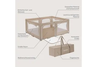 Florence Easy Fold - Grondbox / Baby Box – Zeer Snel Inklapbaar – 150x180 cm – voor Thuis en Tuin – 0-48 maanden – Veilige kinderbox – Draagtas – Compact na Inklappen – Speelbox met Ademend Gaas – 2 Zij-ingangen met rits von Lionelo in Beige – Produktfoto 2 von 4