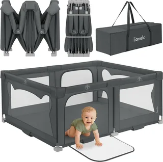 Florence Easy Fold Grondbox / Baby Box – Zeer Snel Inklapbaar – 150x180 cm – voor Thuis en Tuin – 0-48 maanden – Veilige kinderbox – Draagtas – Compact na Inklappen – Speelbox met Ademend Gaas – 2 Zij-ingangen met rits by Lionelo in Grey – product photo 1 of 4