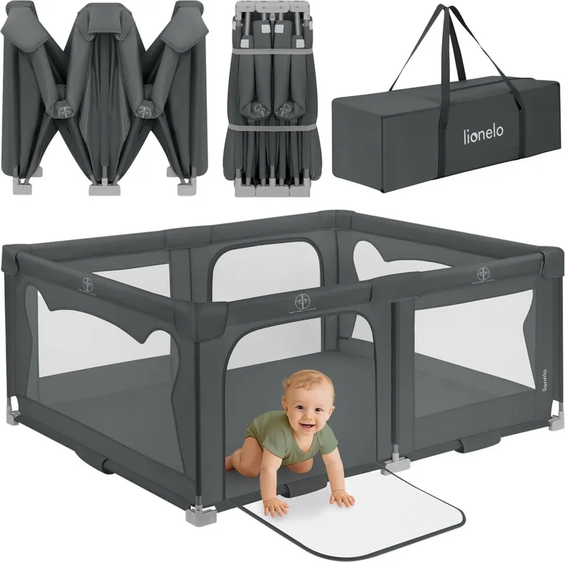 Florence Easy Fold Grondbox / Baby Box – Zeer Snel Inklapbaar – 150x180 cm – voor Thuis en Tuin – 0-48 maanden – Veilige kinderbox – Draagtas – Compact na Inklappen – Speelbox met Ademend Gaas – 2 Zij-ingangen met rits fra Lionelo i Grijs – produktbillede