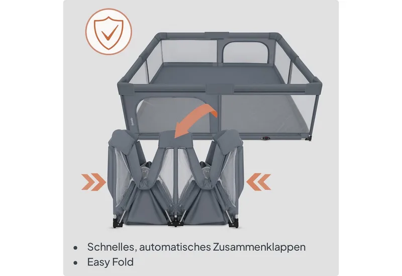 Florence Easy Fold XL – Grondbox / Baby Box 180×200 cm – Extra Grote Box - Snel Opvouwbaar Zonder Montage – Speelbox met Zijopeningen met Rits – Ademend Gaas – Compact Op te Bergen – Inclusief Draagtas von Lionelo in Grau – Produktfoto 5 von 5