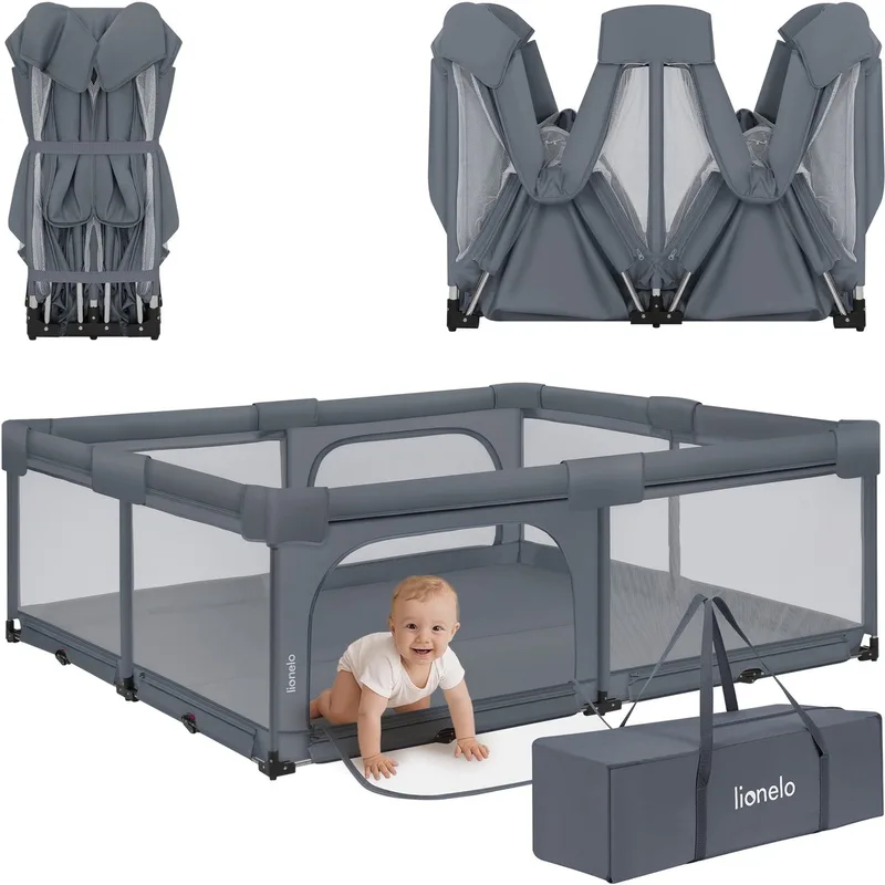 Florence Easy Fold XL – Grondbox / Baby Box 180×200 cm – Extra Grote Box - Snel Opvouwbaar Zonder Montage – Speelbox met Zijopeningen met Rits – Ademend Gaas – Compact Op te Bergen – Inclusief Draagtas van Lionelo in Grijs – productfoto