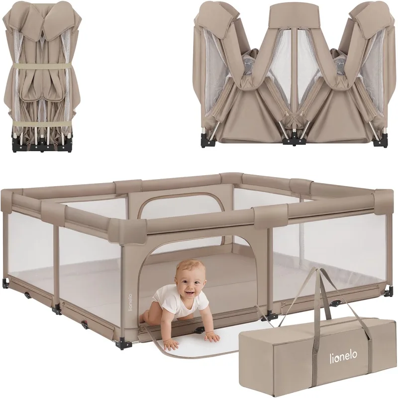 Florence Easy Fold XL – Grondbox / Baby Box 180×200 cm – Extra Grote Box - Snel Opvouwbaar Zonder Montage – Speelbox met Zijopeningen met Rits – Ademend Gaas – Compact Op te Bergen – Inclusief Draagtas de Lionelo en Beige – photo produit