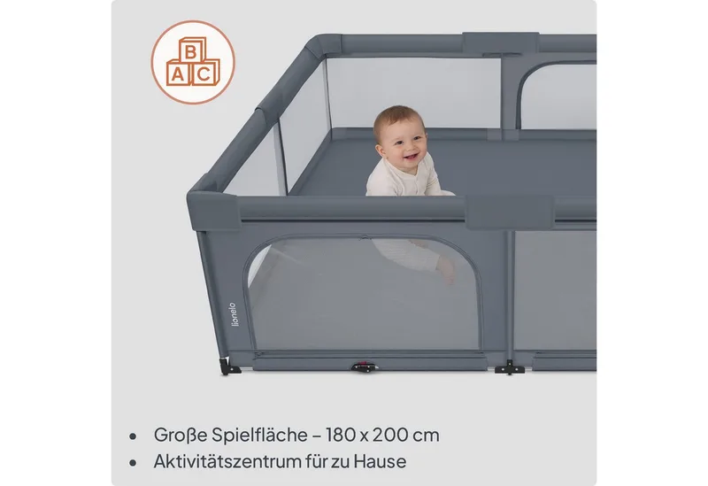Florence Easy Fold XL – Grondbox / Baby Box 180×200 cm – Extra Grote Box - Snel Opvouwbaar Zonder Montage – Speelbox met Zijopeningen met Rits – Ademend Gaas – Compact Op te Bergen – Inclusief Draagtas von Lionelo in Grau – Produktfoto 4 von 5