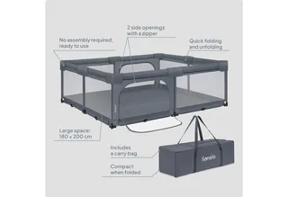 Florence Easy Fold XL – Grondbox / Baby Box 180×200 cm – Extra Grote Box - Snel Opvouwbaar Zonder Montage – Speelbox met Zijopeningen met Rits – Ademend Gaas – Compact Op te Bergen – Inclusief Draagtas von Lionelo in Grau – Produktfoto 2 von 5