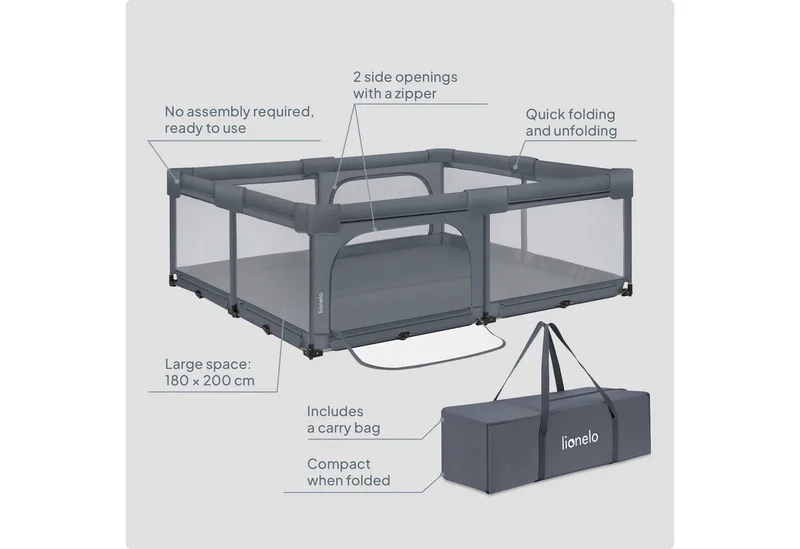 Florence Easy Fold XL – Grondbox / Baby Box 180×200 cm – Extra Grote Box - Snel Opvouwbaar Zonder Montage – Speelbox met Zijopeningen met Rits – Ademend Gaas – Compact Op te Bergen – Inclusief Draagtas von Lionelo in Grau – Produktfoto 2 von 5