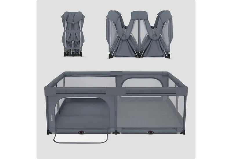 Florence Easy Fold XL – Grondbox / Baby Box 180×200 cm – Extra Grote Box - Snel Opvouwbaar Zonder Montage – Speelbox met Zijopeningen met Rits – Ademend Gaas – Compact Op te Bergen – Inclusief Draagtas von Lionelo in Grau – Produktfoto 3 von 5