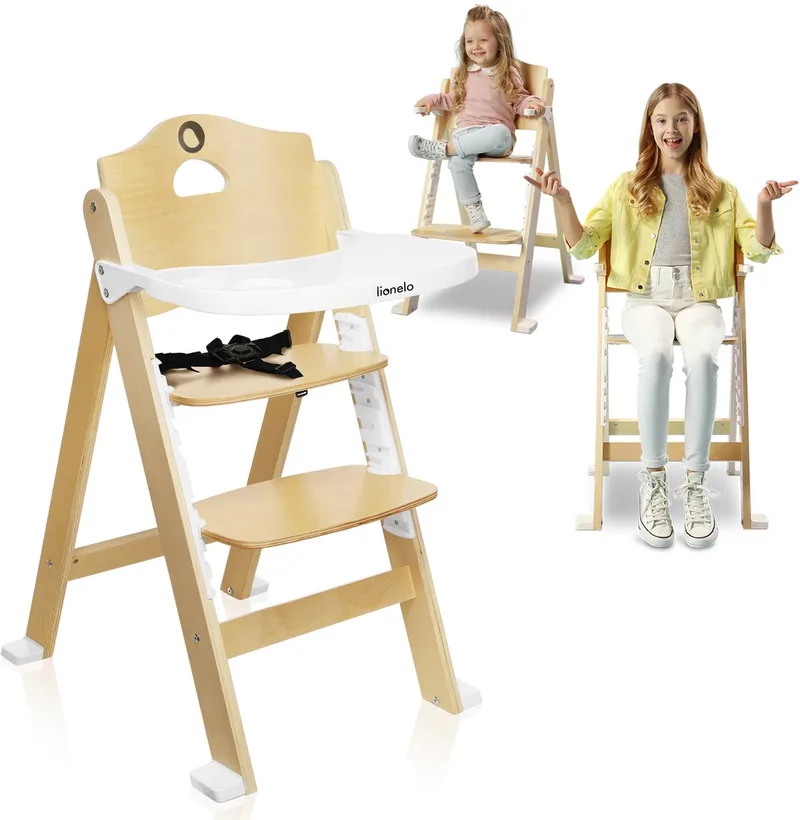 Floris Kinderstoel 3in1 – Eetstoel, kinderstoel met voetensteun & stoel tot 40kg – 4-traps verstelbare zitting en voetensteun – Berkenhout, afneembare tafel, veiligheidsgordels – Scandinavisch design, groeit mee met kind by Lionelo in Wit – product photo