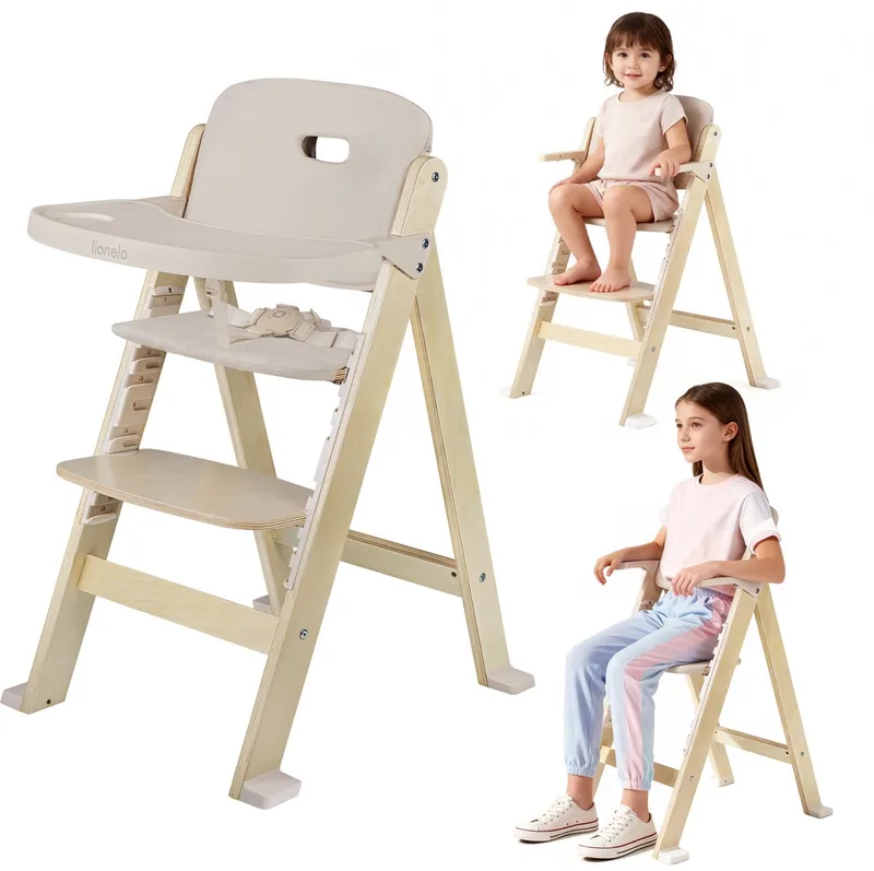 Floris Kinderstoel 3in1 met kussens – Houten eetstoel, kinderstoel met voetensteun & stoel tot 40 kg – 4-traps verstelbare zitting en voetensteun – Afneembare tafel, veiligheidsharnas – Scandinavisch design, groeit mee met kind by Lionelo in Beige – product photo