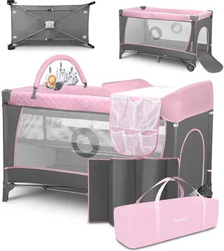Flower Campingbedje - 2in1 - Meegroeibed - Co-sleeper - LockGuard - draagtas - Reisbedje/Box - Praktische Zij-Ingang met Ritssluiting - Hoogwaardige Schuimmatras - Snel Opvouwsysteem - Multifunctionele Box en Reiswieg von Lionelo in Rosa – Produktfoto 1 von 5