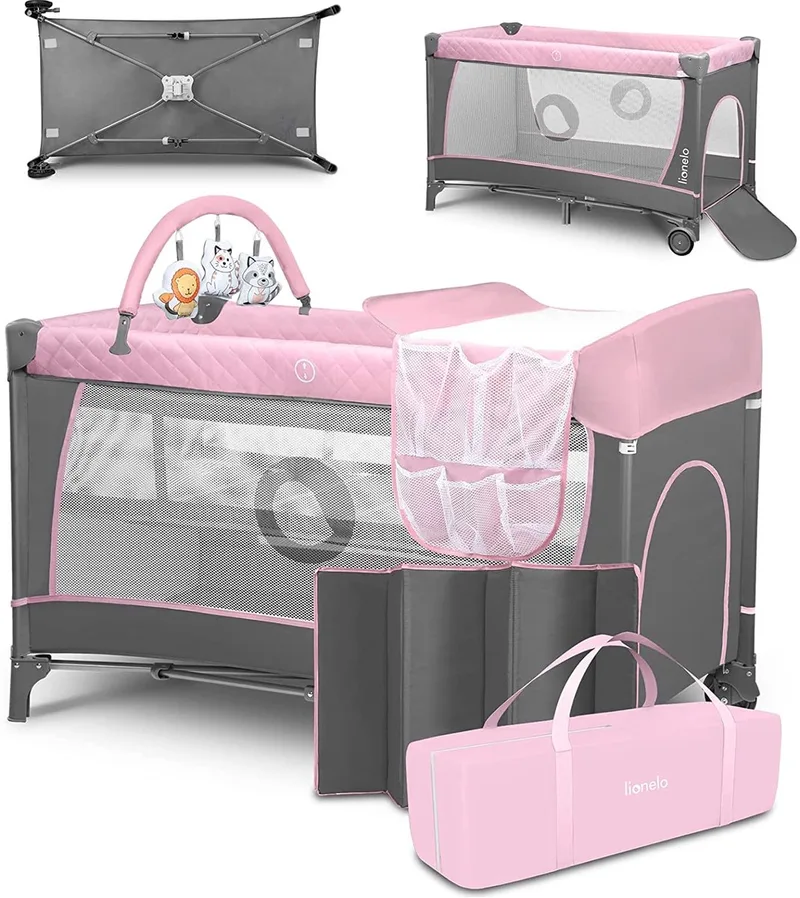 Flower Campingbedje - 2in1 - Meegroeibed - Co-sleeper - LockGuard - draagtas - Reisbedje/Box - Praktische Zij-Ingang met Ritssluiting - Hoogwaardige Schuimmatras - Snel Opvouwsysteem - Multifunctionele Box en Reiswieg by Lionelo in Roze – product photo