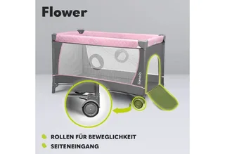 Flower Campingbedje - 2in1 - Meegroeibed - Co-sleeper - LockGuard - draagtas - Reisbedje/Box - Praktische Zij-Ingang met Ritssluiting - Hoogwaardige Schuimmatras - Snel Opvouwsysteem - Multifunctionele Box en Reiswieg von Lionelo in Rosa – Produktfoto 5 von 5