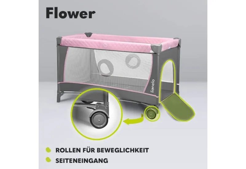 Flower Campingbedje - 2in1 - Meegroeibed - Co-sleeper - LockGuard - draagtas - Reisbedje/Box - Praktische Zij-Ingang met Ritssluiting - Hoogwaardige Schuimmatras - Snel Opvouwsysteem - Multifunctionele Box en Reiswieg von Lionelo in Rosa – Produktfoto 5 von 5