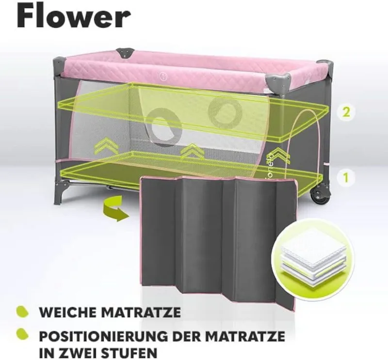 Flower Campingbedje - 2in1 - Meegroeibed - Co-sleeper - LockGuard - draagtas - Reisbedje/Box - Praktische Zij-Ingang met Ritssluiting - Hoogwaardige Schuimmatras - Snel Opvouwsysteem - Multifunctionele Box en Reiswieg von Lionelo in Rosa – Produktfoto 4 von 5