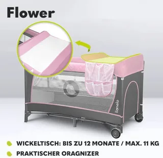 Flower Campingbedje - 2in1 - Meegroeibed - Co-sleeper - LockGuard - draagtas - Reisbedje/Box - Praktische Zij-Ingang met Ritssluiting - Hoogwaardige Schuimmatras - Snel Opvouwsysteem - Multifunctionele Box en Reiswieg von Lionelo in Rosa – Produktfoto 3 von 5