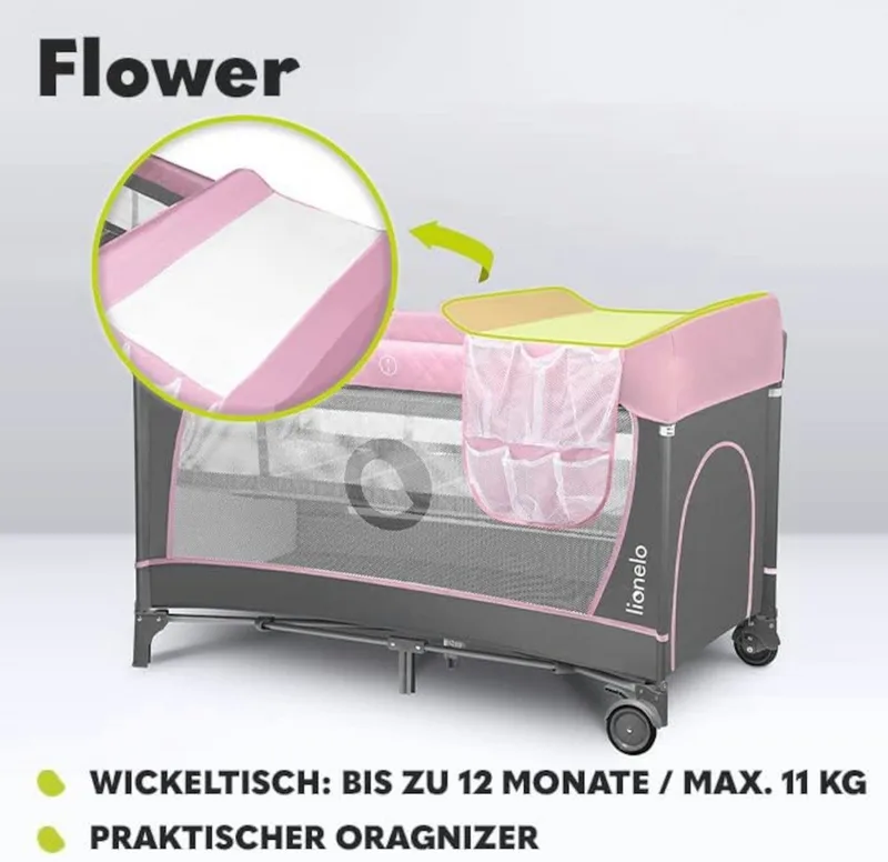 Flower Campingbedje - 2in1 - Meegroeibed - Co-sleeper - LockGuard - draagtas - Reisbedje/Box - Praktische Zij-Ingang met Ritssluiting - Hoogwaardige Schuimmatras - Snel Opvouwsysteem - Multifunctionele Box en Reiswieg von Lionelo in Rosa – Produktfoto 3 von 5