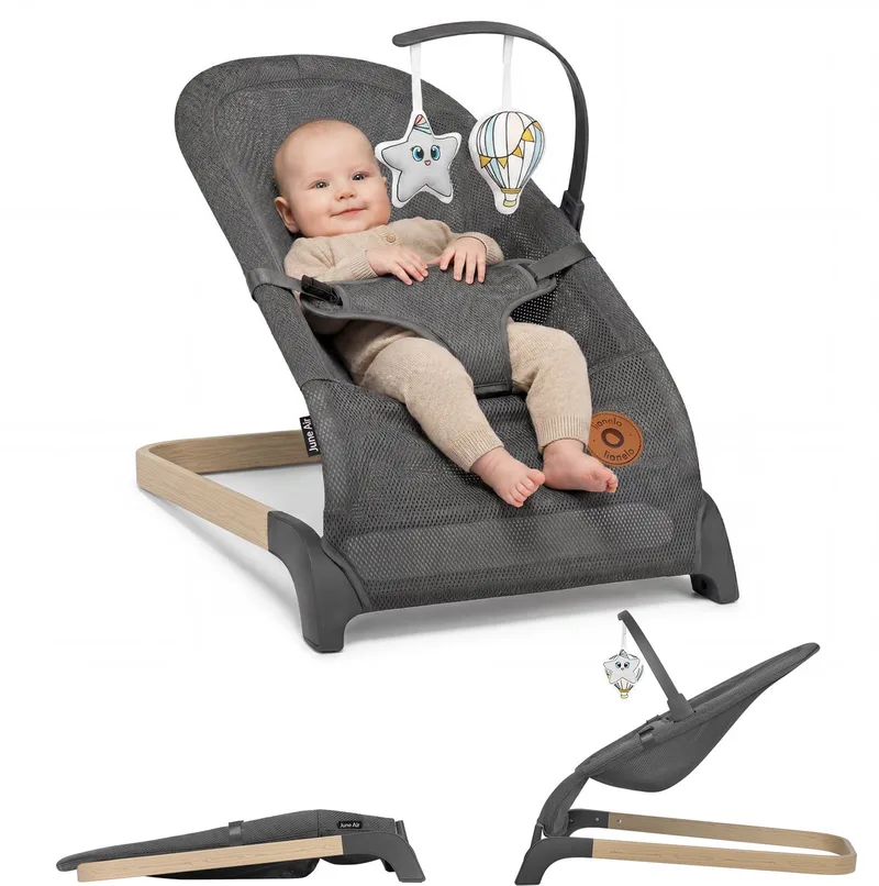 June Wipstoel Baby – tot 9 kg – 3-punts veiligheidsgordels – Lichtgewicht – Mesh Bekleding – Plat Opvouwbaar – Natuurlijke Schommelbeweging – Gecertificeerd – Babyschommel & Wipstoeltje by Lionelo in Grijs Air – product photo