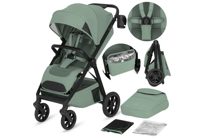 Kinder-Buggy BETT, (Set), Dri-Seat/ThermBag/inGrip/Click&Ride/XXL-Verdeck UPF50+ van Lionelo in Grün – productfoto