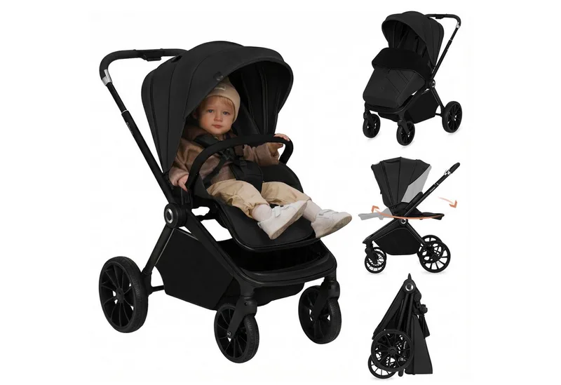 Kinder-Buggy MIKA PLUS, (Set), XXL-Verdeck/UPF50+/Mit Belüftungssystem från Lionelo i Schwarz – produktbild