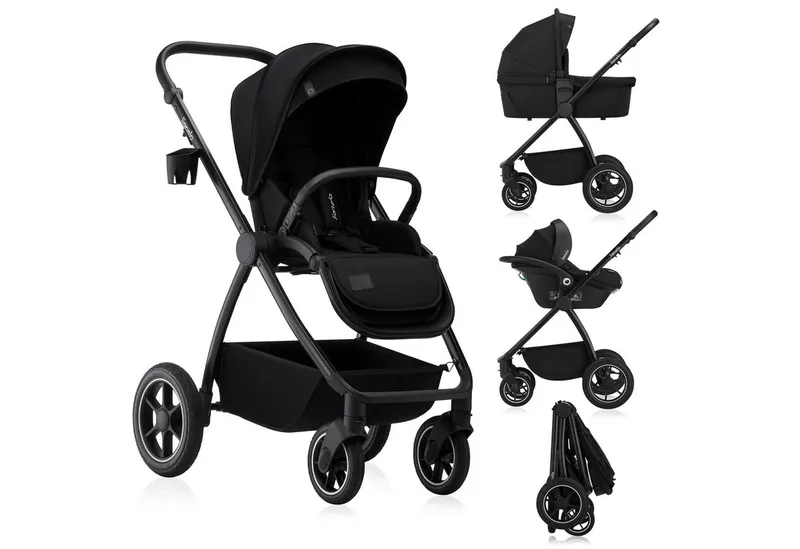 Kombi-Kinderwagen MERIL 3IN1, (Set 3in1), 3in1: XL-Babywanne/ADAC/Große Gummiräder/UPF50+/3D Panorama van Lionelo in Schwarz – productfoto