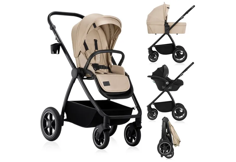 Kombi-Kinderwagen MERIL 3IN1, (Set 3in1), 3in1: XL-Babywanne/ADAC/Große Gummiräder/UPF50+/3D Panorama van Lionelo in Beige – productfoto