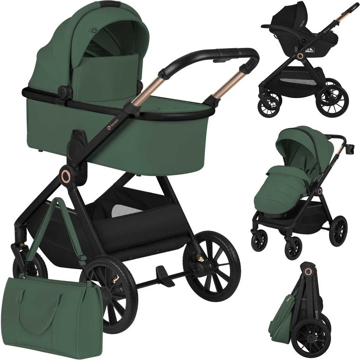 Layla - 3in1 Kinderwagen met Astrid i-Size Autostoel - XXL Set - Reiswieg, Buggy en Autostoel - Grote All-Terrain Wielen met Vering - AiryDots Matras - 3D-Ventilatie - XXL Zitje tot 95 cm - Bediening met Één Hand - Complete Accessoireset de Lionelo en Vert – photo produit
