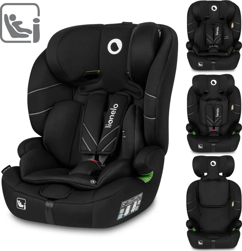 Levi - Autostoel - vanaf 1,5 tot 12 jaar (76-150 cm / 9-36 kg / Groep 1/2/3) - Comfortabele Brede Zitting - Memory Foam - 10-standen Hoofdsteun - i-Size Autostoeltje by Lionelo in Zwart – product photo