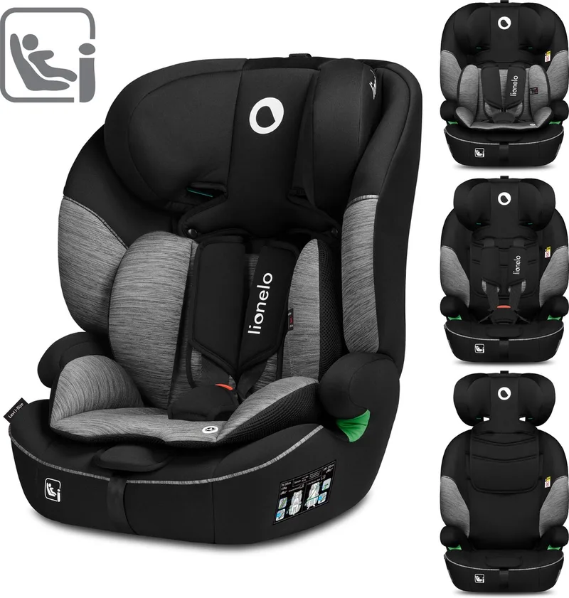 Levi - Autostoel - vanaf 1,5 tot 12 jaar (76-150 cm / 9-36 kg / Groep 1/2/3) - Comfortabele Brede Zitting - Memory Foam - 10-standen Hoofdsteun - i-Size Autostoeltje de Lionelo en Grijs – photo produit