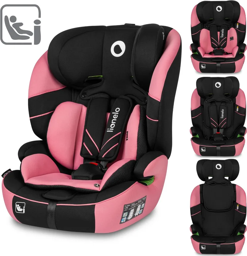 Levi One i-Size - Autostoeltje 76-150 cm - Groep 0+ en 1 - Dri-Seat systeem - Afstelbare hoofdsteun van Memory Foam - Versterkte zijbescherming - FWF montage - Comfortabele armleuningen - Brede zitting met EPE-schuim - R129 - Gordel de Lionelo en Roze – photo produit