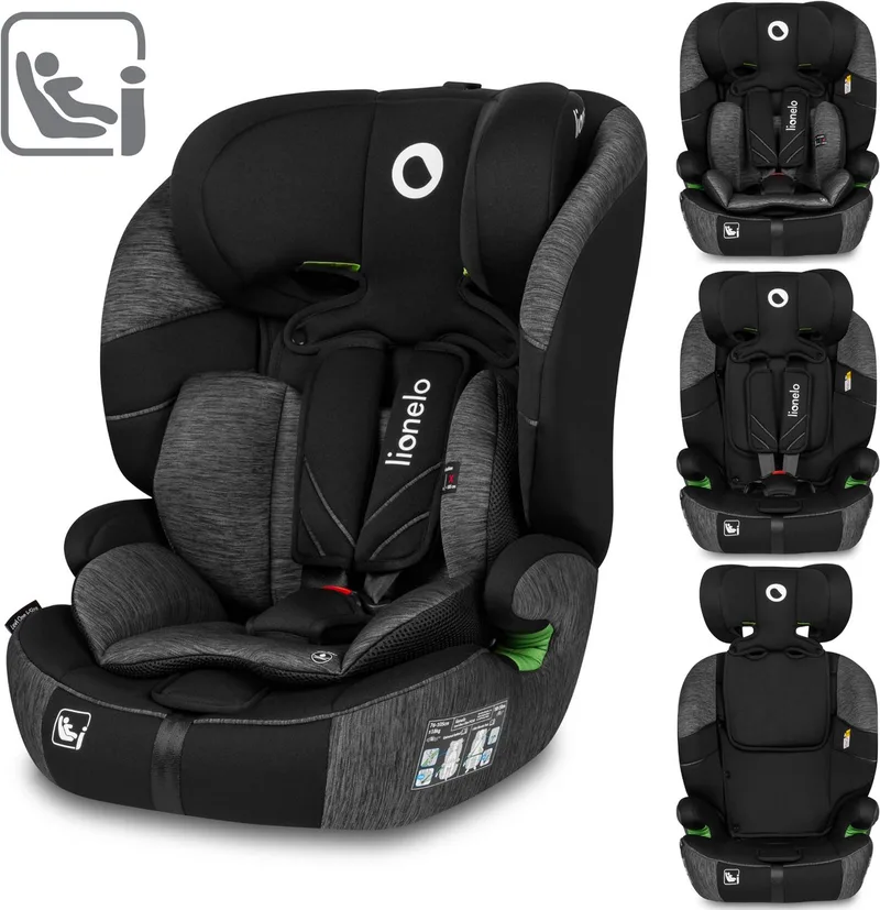 Levi One i-Size - Autostoeltje 76-150 cm - Groep 0+ en 1 - Dri-Seat systeem - Afstelbare hoofdsteun van Memory Foam - Versterkte zijbescherming - FWF montage - Comfortabele armleuningen - Brede zitting met EPE-schuim - R129 - Gordel by Lionelo in Zwart – product photo