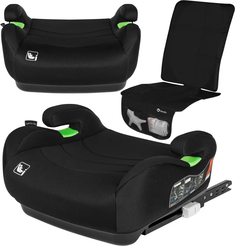 Luuk FIX i-Size - Zitverhoger + Beschermmat voor autostoel- ISOFIX - Autostoel Booster - 22-36 kg, 125-150 cm - Voorwaarts Gerichte Autostoel volgens i-Size R129 Norm - Brede en Comfortabele Zitting met Zacht EPE-schuim - Met Armleuningen van Lionelo in Zwart – productfoto