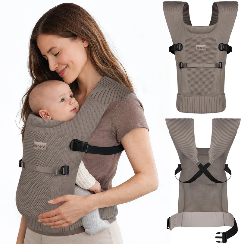 Mabel – Ergonomische Draagzak voor Baby’s 4–15 kg – Ademend & Licht – M-houding Ondersteuning – Kruissysteem & 2 Draagposities fra Lionelo i Beige – produktbillede