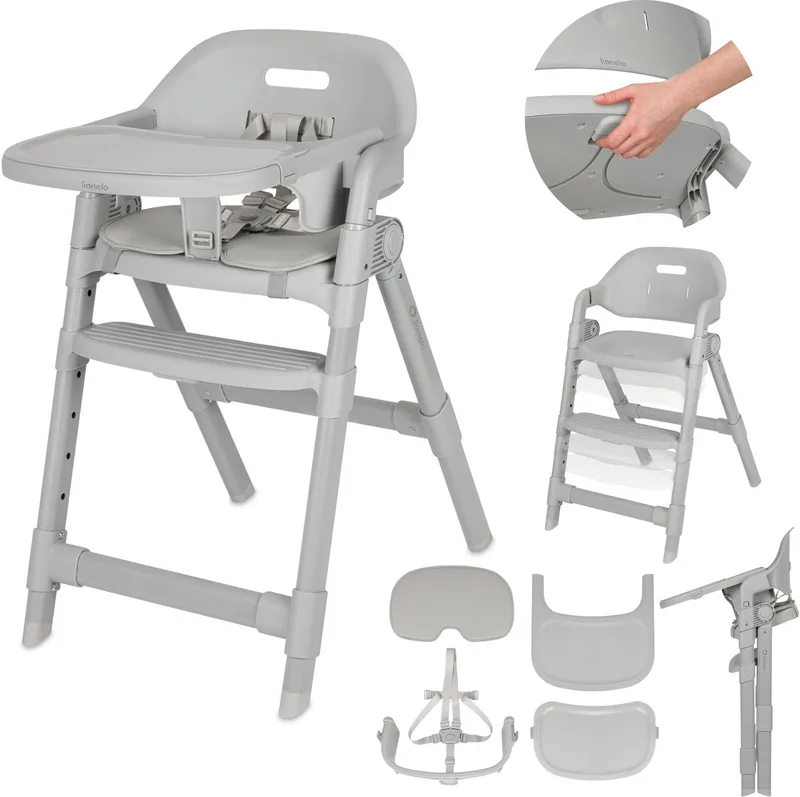 Matt 3in1 Kinderstoel - Meegroeiende Kinderstoel van 6 Maanden tot 110 kg - Opvouwbaar - Verstelbare Zitting & Voetensteun - 5-Puntsgordel - Afneembare Tray - Compact Design - Kinderstoel voor Baby, Kind & Volwassene van Lionelo in Grijs – productfoto