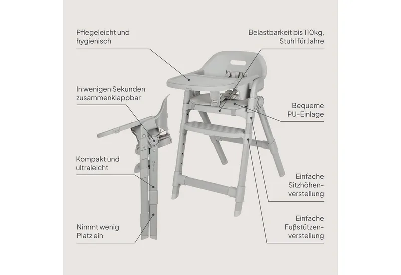 Matt 3in1 Kinderstoel - Meegroeiende Kinderstoel van 6 Maanden tot 110 kg - Opvouwbaar - Verstelbare Zitting & Voetensteun - 5-Puntsgordel - Afneembare Tray - Compact Design - Kinderstoel voor Baby, Kind & Volwassene von Lionelo in Grau – Produktfoto 2 von 5