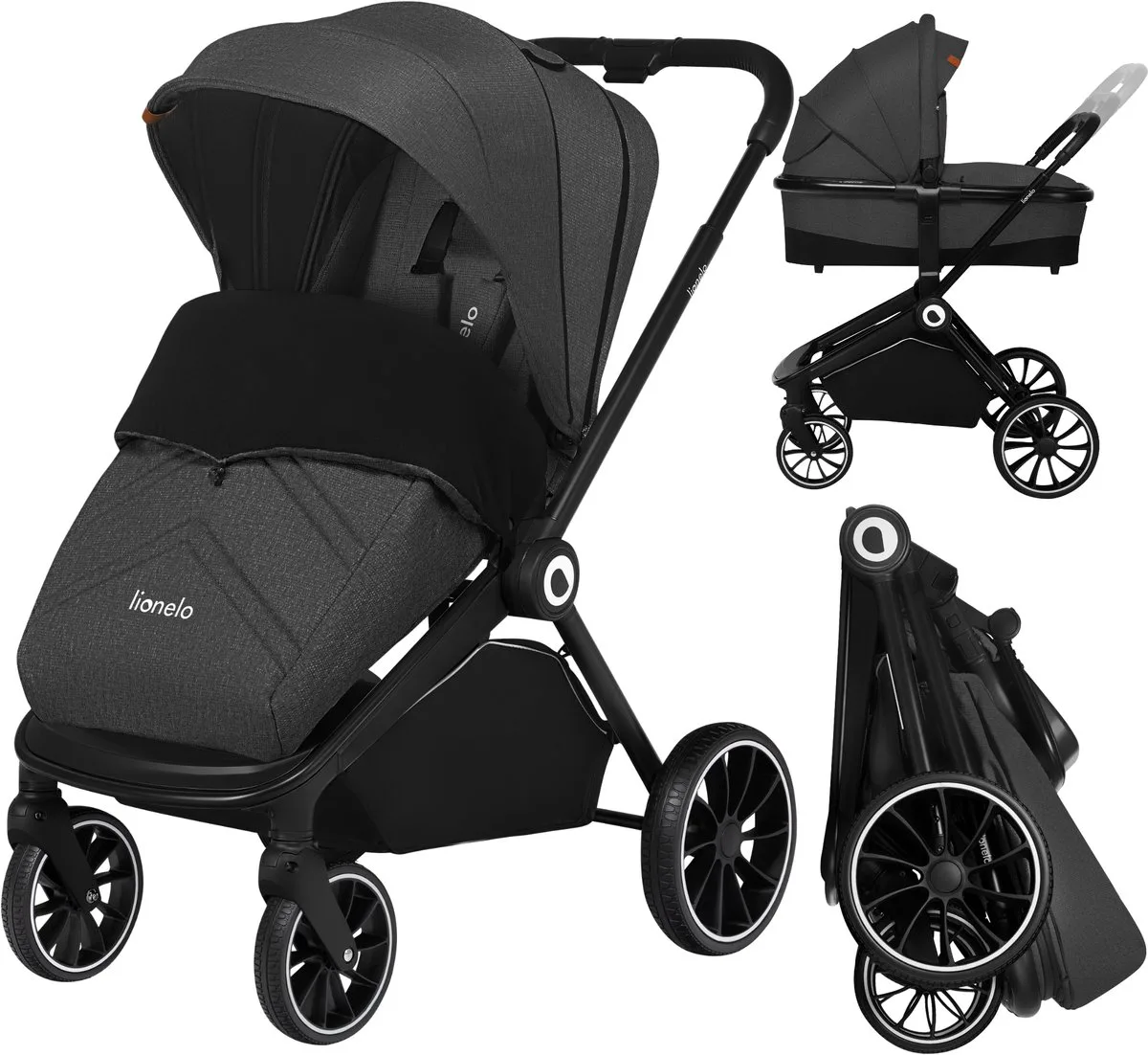 Mika 2in1 Kinderwagen – Wandelwagen & Reiswieg – Omkeerbare Zitting – Compact Opvouwbaar met Zitje – XXL Waterdichte Luifel UPF50+ – Verstelbare Rugleuning & Voetsteun – PU Wielen met Vering – Inclusief Accessoires Set Tot 22 kg de Lionelo en Grafiet – photo produit