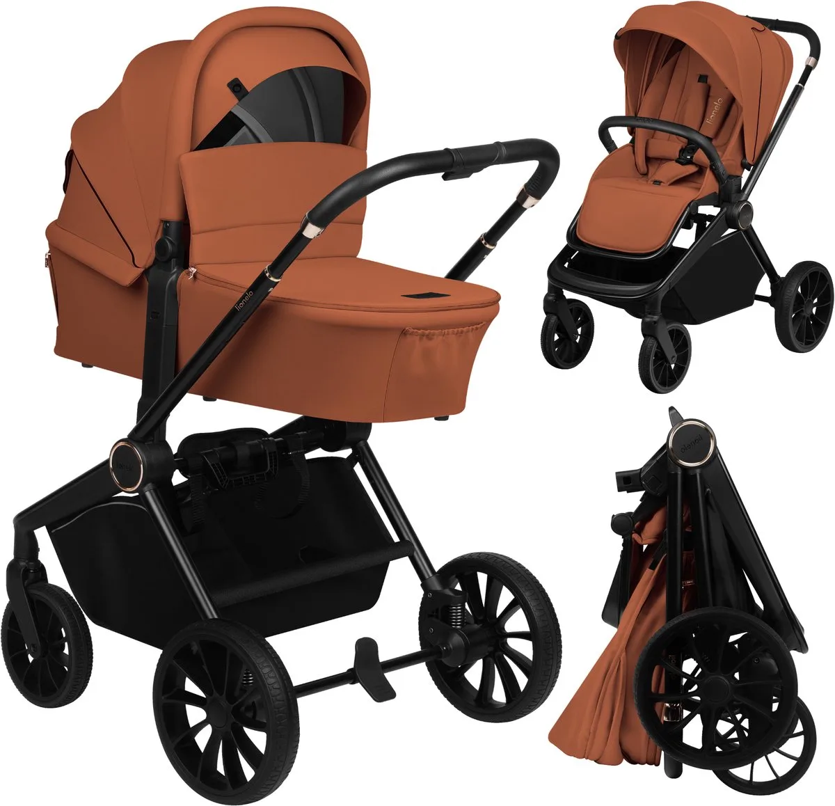 Mika Plus Kinderwagen 2 in 1 – Vanaf geboorte tot 22 kg – Combi met reiswieg & zitje – All-terrain wielen + vering – XXL kap UPF50+ – 90 cm ligvlak – Omkeerbaar zitje – Compact inklapbaar – Complete accessoireset de Lionelo en Marron – photo produit