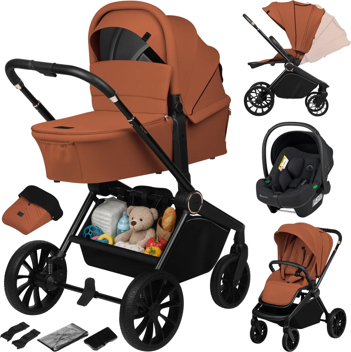 Mika Plus - Kinderwagen 3in1 - XXL SET - incl. i-Size autostoel - Veelzijdig en jaarrond - Grote wielen - tot 22kg - Bediening met een hand - Voor alle soorten terrein - Accessoireset de Lionelo en Marron – photo produit