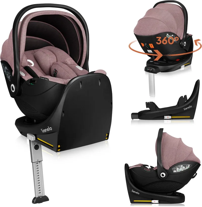 Moxie i-Size Set – Autostoeltje met draaibare ISOFIX-basis – Autostoel RWF vanaf geboorte – Bamboe stof – 360° rotatie – Magnetische gordelhaakjes – Dri-Seat – Hoofdsteun met memory foam – 4,3 kg – Ademend & wasbaar de Lionelo en Roze – photo produit