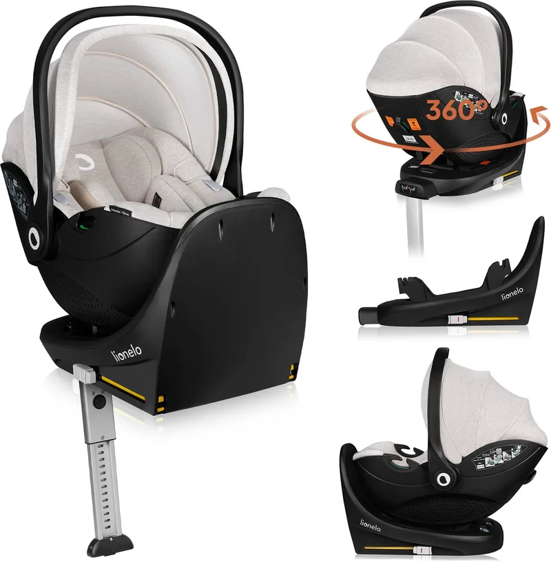 Moxie i-Size Set – Autostoeltje met draaibare ISOFIX-basis – Autostoel RWF vanaf geboorte – Bamboe stof – 360° rotatie – Magnetische gordelhaakjes – Dri-Seat – Hoofdsteun met memory foam – 4,3 kg – Ademend & wasbaar de Lionelo en Beige – photo produit