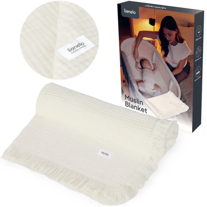 Muslin Blanket Mousseline deken 70×100 cm – 6-Laagse Katoenen Babydeken – Ademend & Zacht – Voor Alle Seizoenen – Met Decoratieve Franjes – Inbakerdoek & Badhanddoek – Cadeauverpakking by Lionelo in Beige – product photo