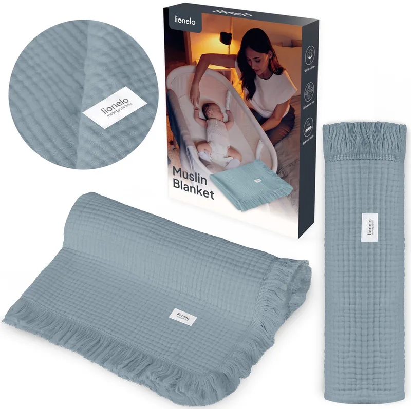 Muslin Blanket Mousseline deken 70×100 cm – 6-Laagse Katoenen Babydeken – Ademend & Zacht – Voor Alle Seizoenen – Met Decoratieve Franjes – Inbakerdoek & Badhanddoek – Cadeauverpakking van Lionelo in Blauw – productfoto