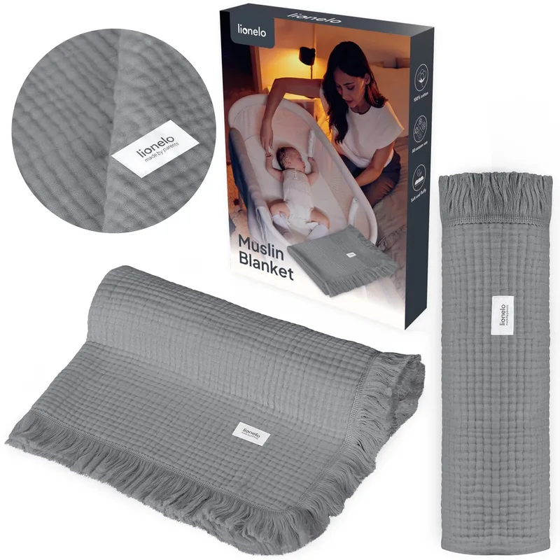 Muslin Blanket Mousseline deken 70×100 cm – 6-Laagse Katoenen Babydeken – Ademend & Zacht – Voor Alle Seizoenen – Met Decoratieve Franjes – Inbakerdoek & Badhanddoek – Cadeauverpakking van Lionelo in Grijs – productfoto