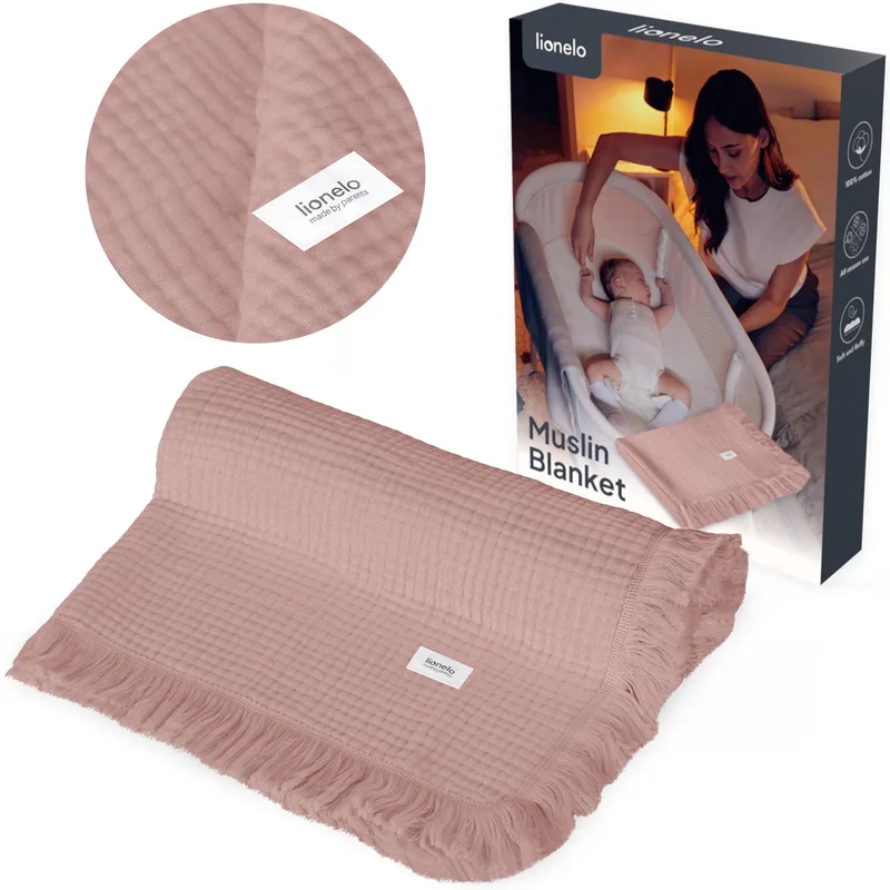Muslin Blanket Mousseline deken 70×100 cm – 6-Laagse Katoenen Babydeken – Ademend & Zacht – Voor Alle Seizoenen – Met Decoratieve Franjes – Inbakerdoek & Badhanddoek – Cadeauverpakking by Lionelo in Pink – product photo