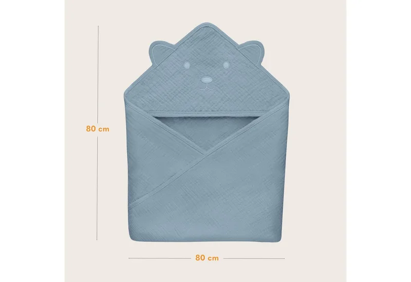 Muslin Hooded Baby Towel – Zachte Babyhanddoek met Capuchon van 100% Katoenen Mousseline – Zachte Badcape met Capuchon – Ademend, Hypoallergeen & Irritatievrij – Uitstekende Absorptie – Voor Pasgeborenen & Oudere Kinderen – 75x75 cm de Lionelo en Gris – photo produit 5 sur 5