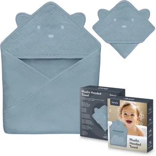 Muslin Hooded Baby Towel – Zachte Babyhanddoek met Capuchon van 100% Katoenen Mousseline – Zachte Badcape met Capuchon – Ademend, Hypoallergeen & Irritatievrij – Uitstekende Absorptie – Voor Pasgeborenen & Oudere Kinderen – 75x75 cm de Lionelo en Gris – photo produit 1 sur 5