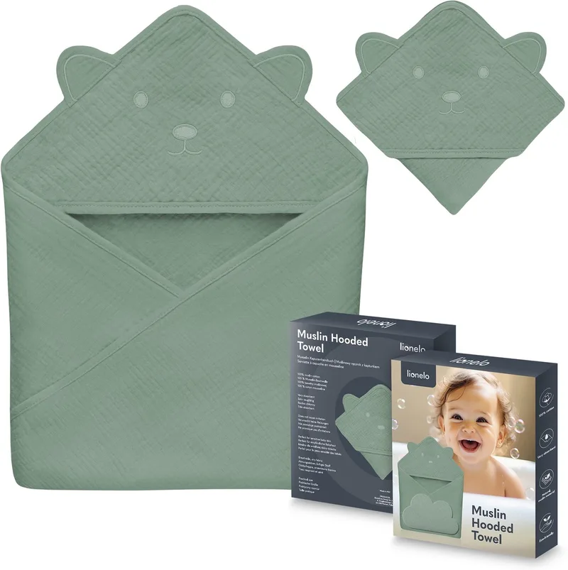 Muslin Hooded Baby Towel – Zachte Babyhanddoek met Capuchon van 100% Katoenen Mousseline – Zachte Badcape met Capuchon – Ademend, Hypoallergeen & Irritatievrij – Uitstekende Absorptie – Voor Pasgeborenen & Oudere Kinderen – 75x75 cm van Lionelo in Groen – productfoto
