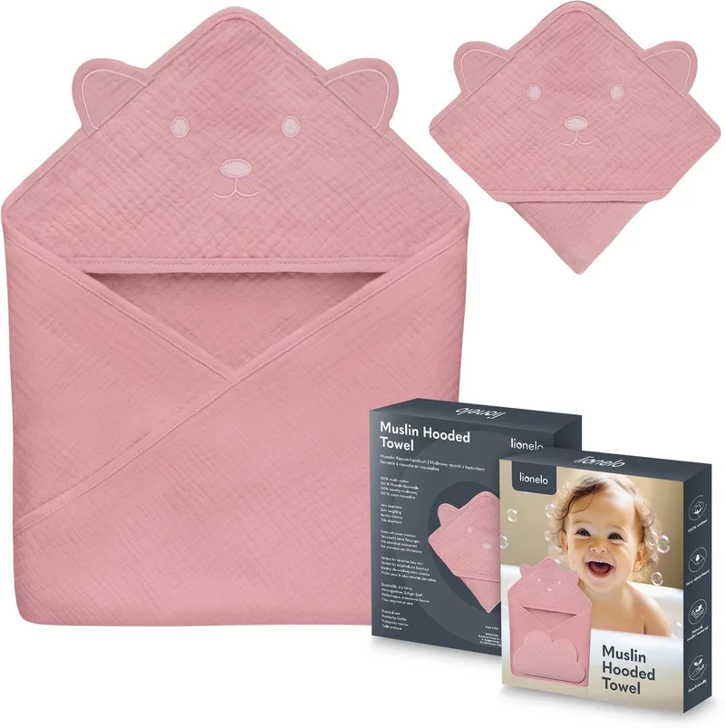 Muslin Hooded Baby Towel – Zachte Babyhanddoek met Capuchon van 100% Katoenen Mousseline – Zachte Badcape met Capuchon – Ademend, Hypoallergeen & Irritatievrij – Uitstekende Absorptie – Voor Pasgeborenen & Oudere Kinderen – 75x75 cm van Lionelo in Roze – productfoto