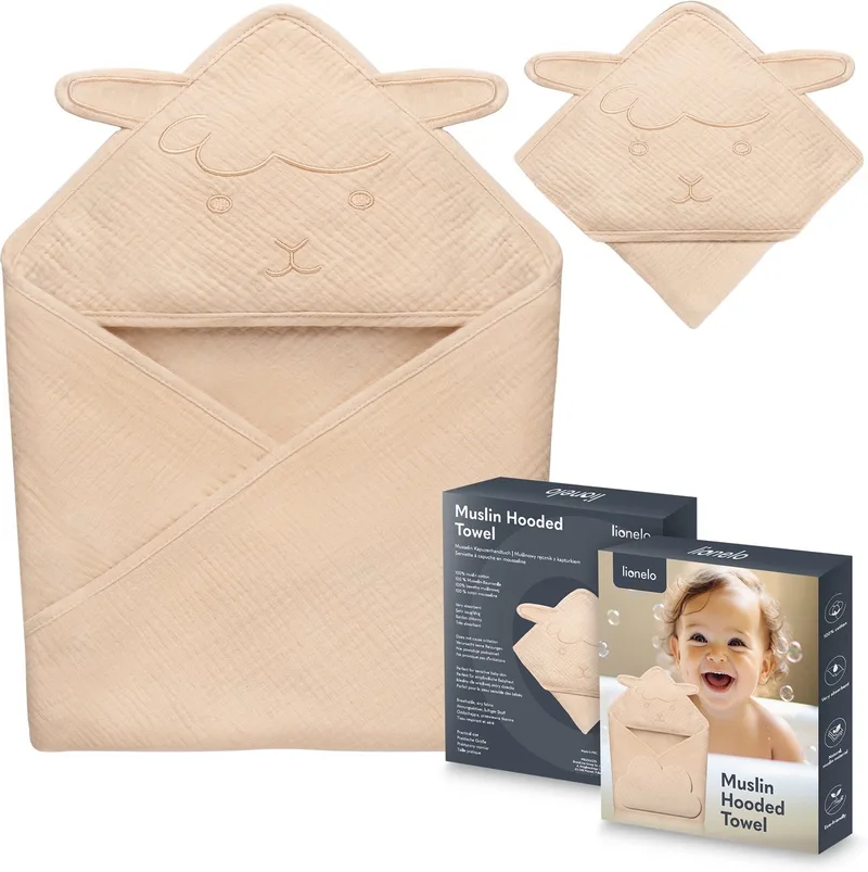 Muslin Hooded Baby Towel – Zachte Babyhanddoek met Capuchon van 100% Katoenen Mousseline – Zachte Badcape met Capuchon – Ademend, Hypoallergeen & Irritatievrij – Uitstekende Absorptie – Voor Pasgeborenen & Oudere Kinderen – 75x75 cm van Lionelo in Beige – productfoto