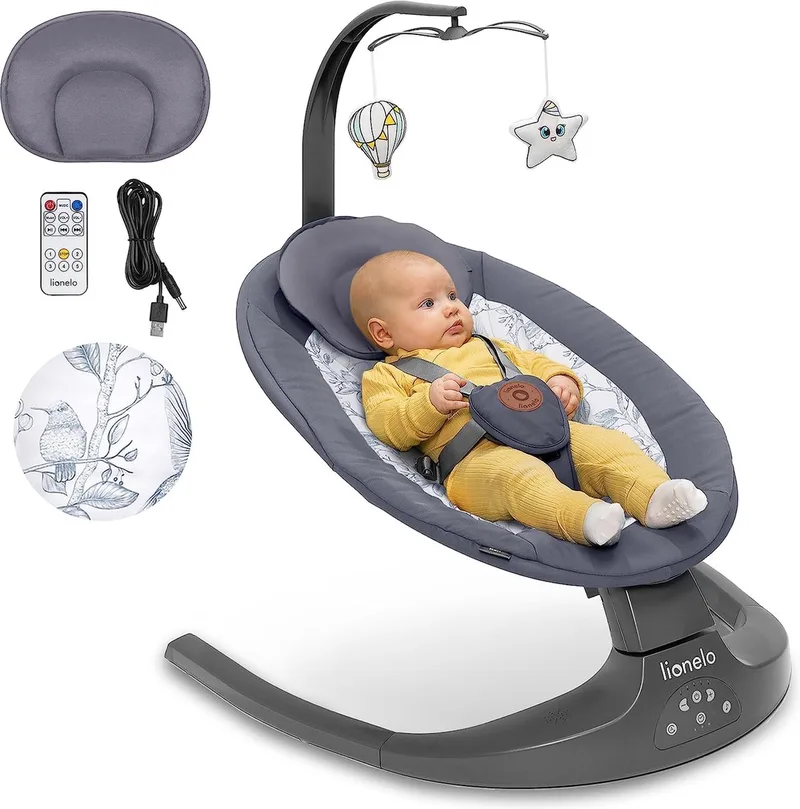 Ralf - Babyschommel Premium - 2in1 - 5 automatische schommelsnelheden - 0 tot 9kg by Lionelo in Grijs – product photo